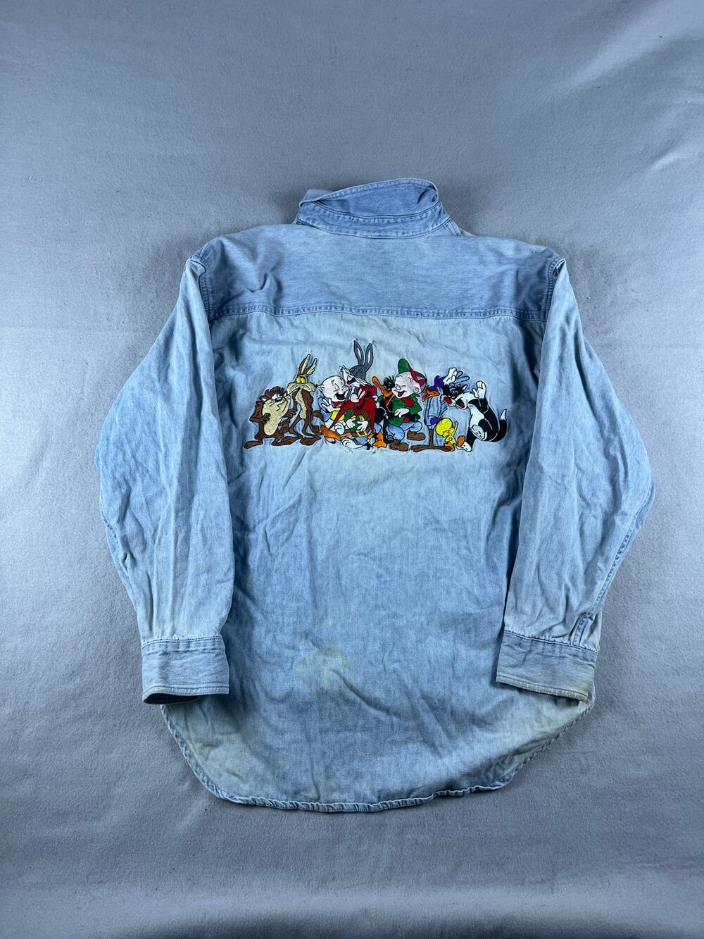 Vintage Acme Looney Tunes Denim Shirt Mens L Blue Embroidered Cartoon Characters